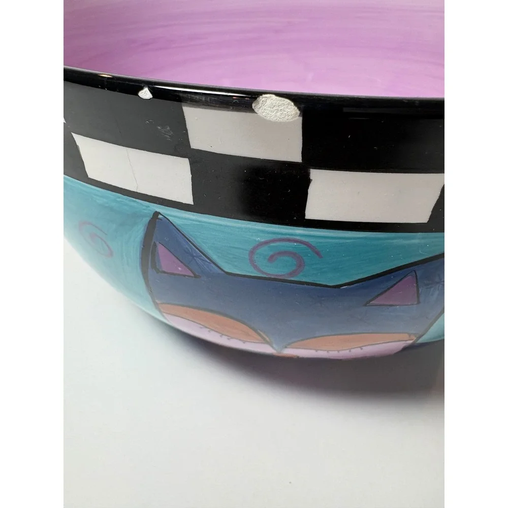 Whimsical Hand Painted by Milson & Louis Ceramic Bowl Turquoise Checkered Rim